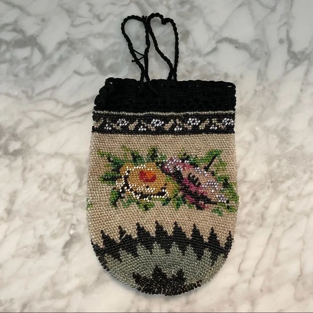Antique Microbeaded Reticule Drawstring Purse - Picture 2 of 5
